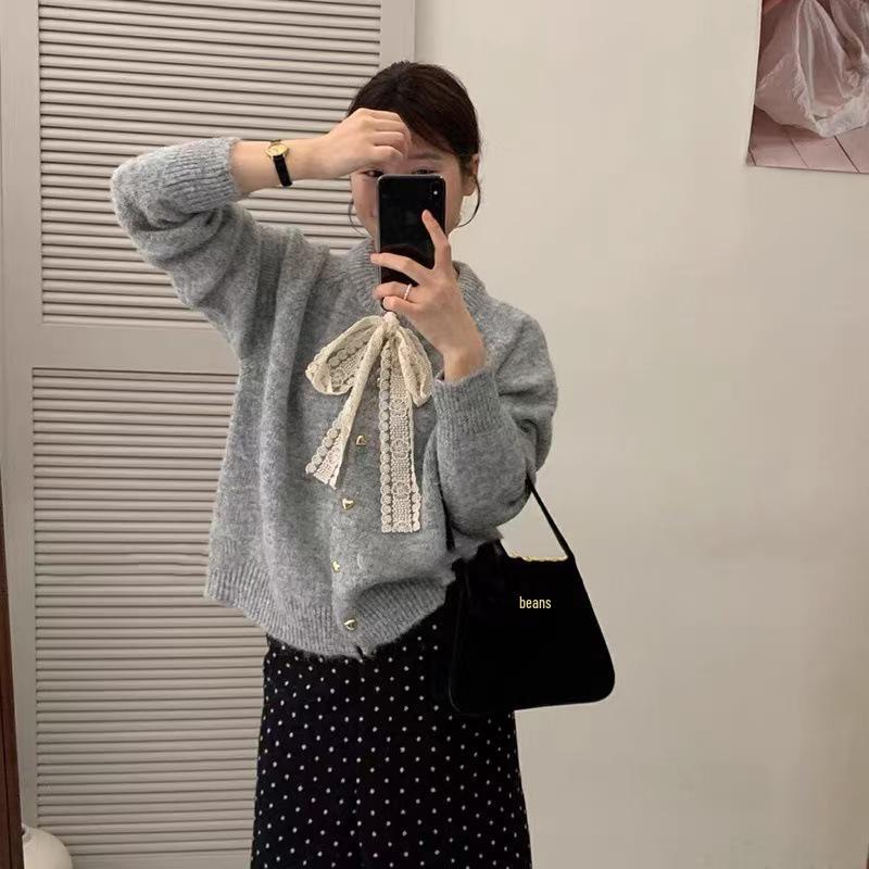 Korean Style Lace-Up Round Neck Sweater Coat - Women's Autumn/Winter Loose-Fit Knitted Cardigan