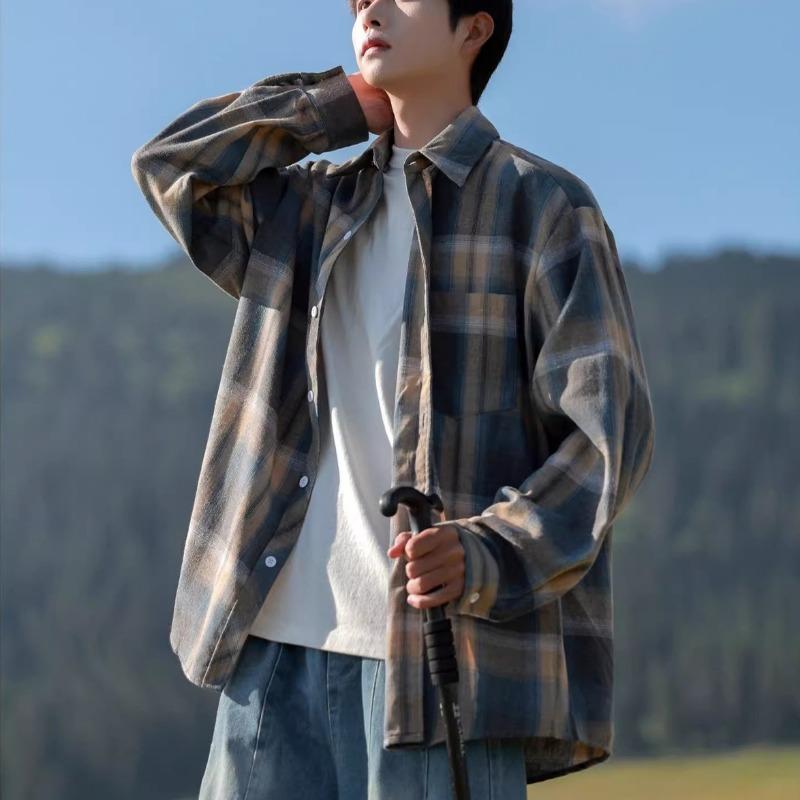 Retro plaid shirt men's spring couple loose versatile lazy style long sleeve plaid lining jacket trend
