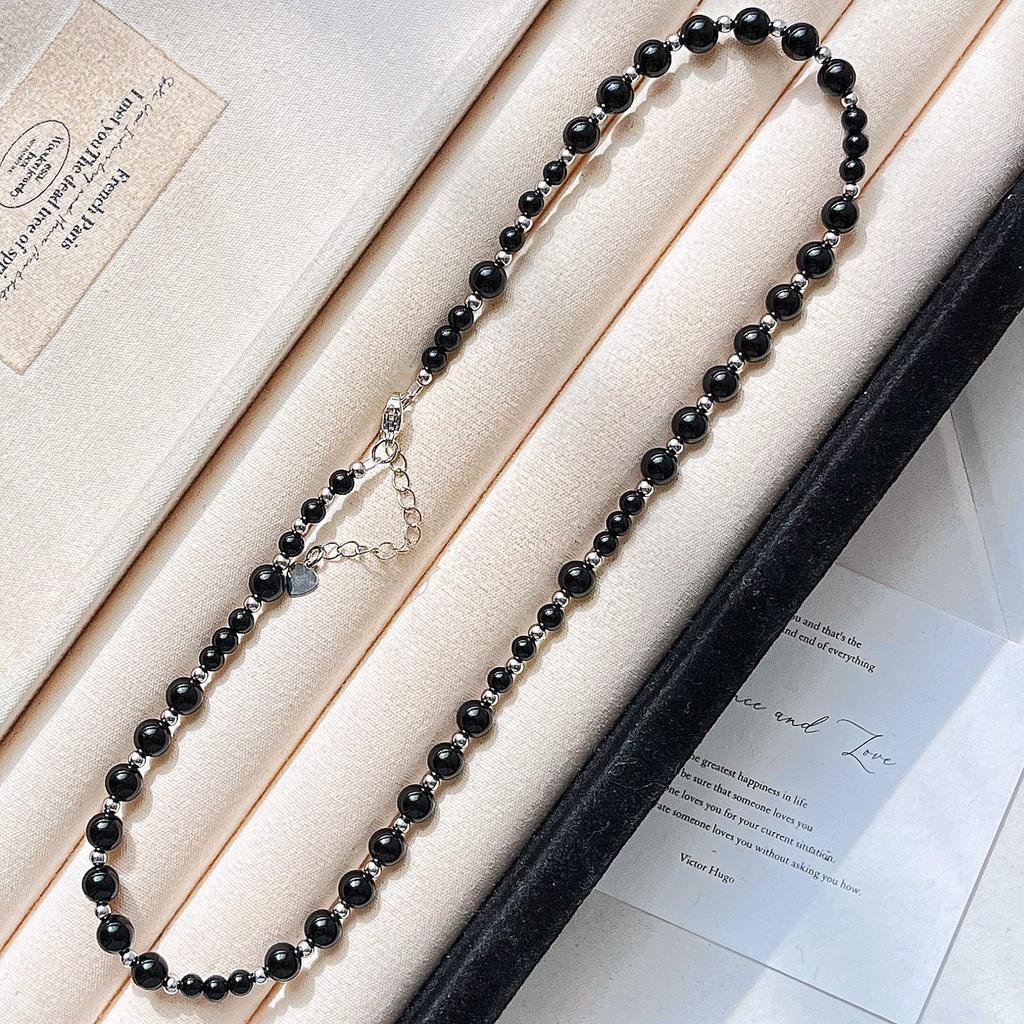 Vintage High Quality Natural Black Agate Design Sweater Chain Necklace Collarbone Chain Women