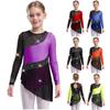Girls Rhythmic Gymnastics Leotard Long Sleeve Sheer Mesh Patchwork Sparkling Rhinestones Dress