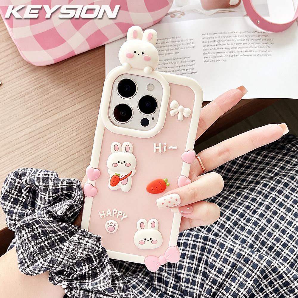 KEYSION Милый 3D Мультяшный Счастливый Белый Кролик Чехол для Телефона для iPhone 13 14 15 16 17 Pro Max Мягкий Силиконовый Ударопрочный Задний Чехол