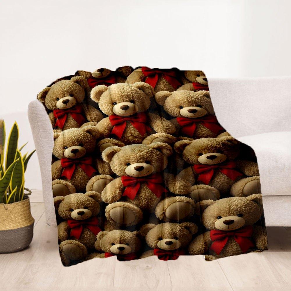 "Adorable Teddy Bears with Red Bows - Perfect for Gifts!"Blanket Flannel Throw Blanket for Sofa, Bed, Travel, Camping, Office, Couch, Chair,