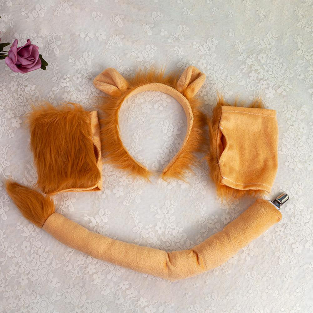 1/3/4Pcs Lion Costume Set for Youth Adult Halloween Cosplay Soft Plush Headband Tail Gloves Nose Kit Animal Theme Party Dress-Up