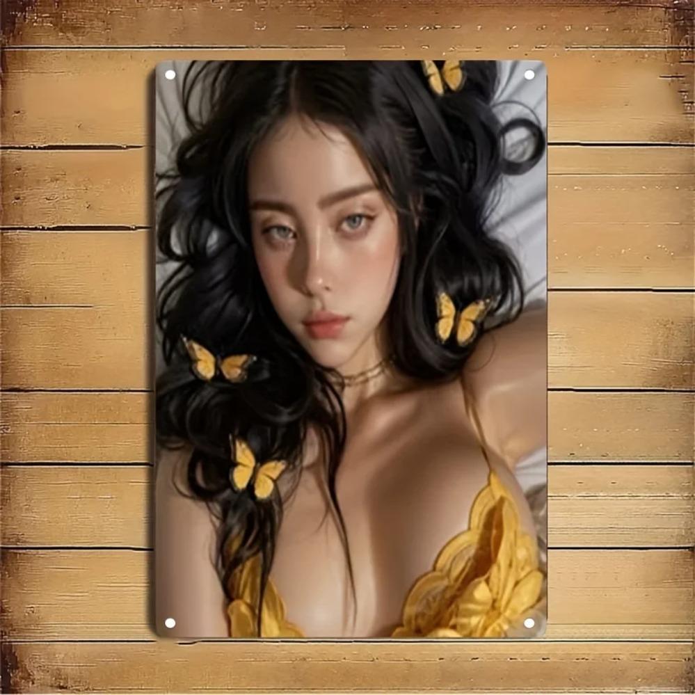 Gold Woman Portrait Metal Wall Art with Butterflies, Elegant Black Hair Iron Poster for Home Cafe Bar Decor