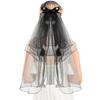 2 Tier Veils for Brides Womens Layered Black Tulle Short Wedding Veil Veil with Bow Wedding Halloween Cosplay Party