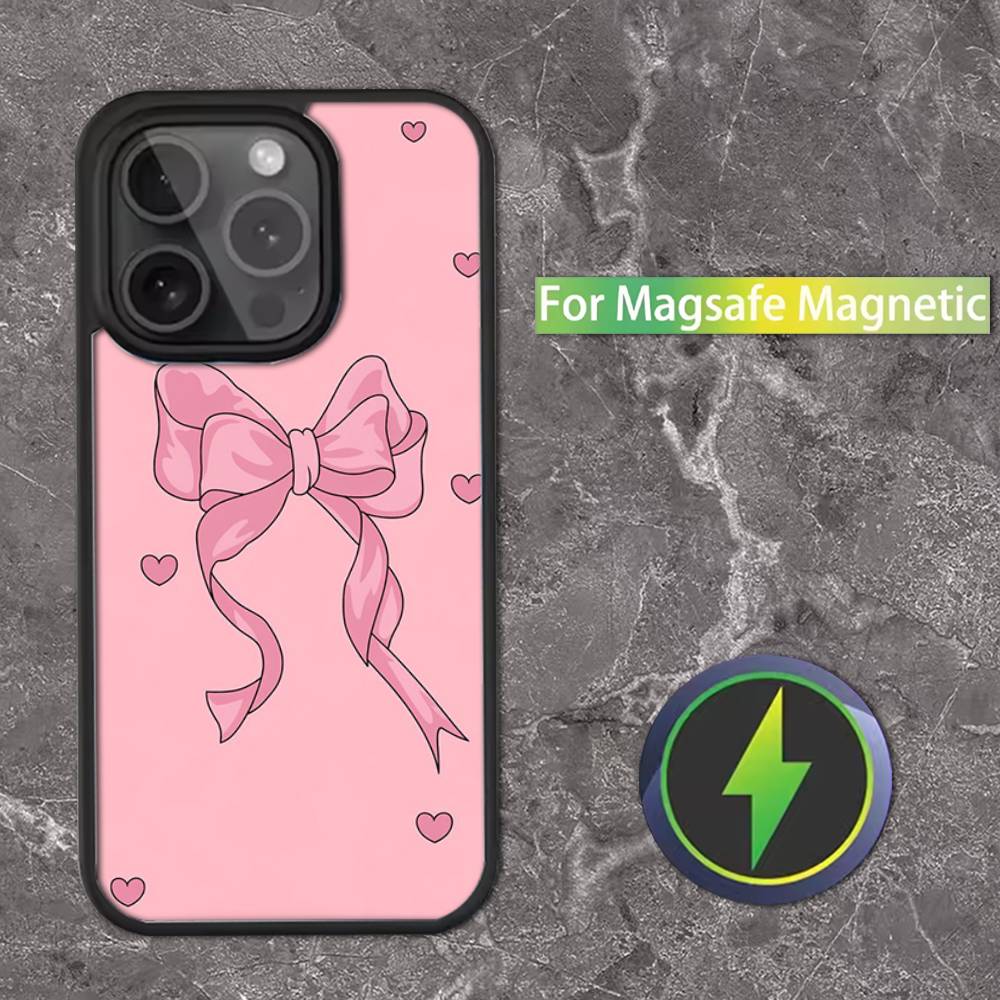 Милый розовый бант в корейском стиле Чехол для телефона iPhone 17,16,15,14,13,12,11,Pro,Max,Plus,Mini,SE Магнитная беспроводная зарядка Magsafe