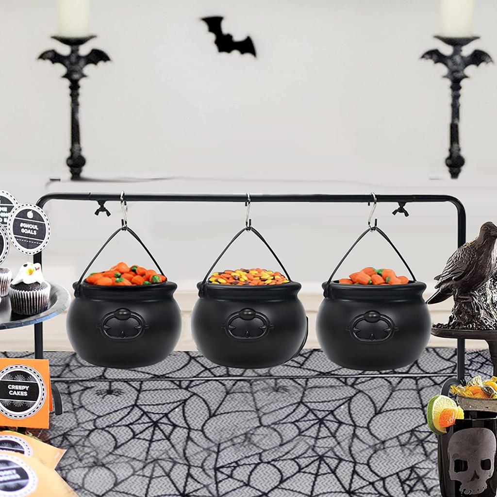 Halloween Candy Bowl Decorations Black Plastic Cauldron Bowls with Iron Rack, Halloween Party Decorations Candy Bucket