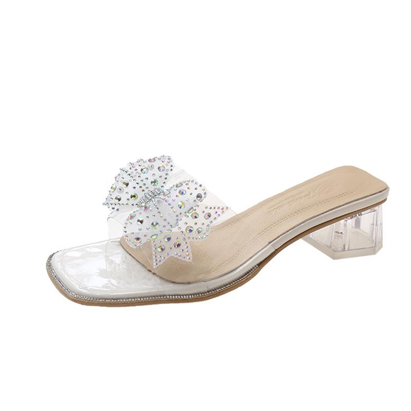 Women Crystal Chunky Sandals New Summer Sexy Fashion Bows Shining Open Toe Sandals Women Design Outdoor High-heeled Slippers