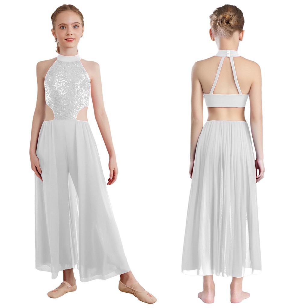 Блестящая одежда для танцев с пайетками для девочек: Полный костюм для выступлений с лямкой на шее, без рукавов, с открытой спиной и юбкой