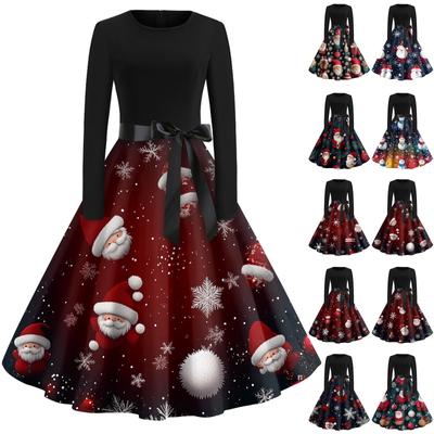 Женское винтажное классическое платье с длинным рукавом и рождественским принтом, свободное платье с круглым вырезом