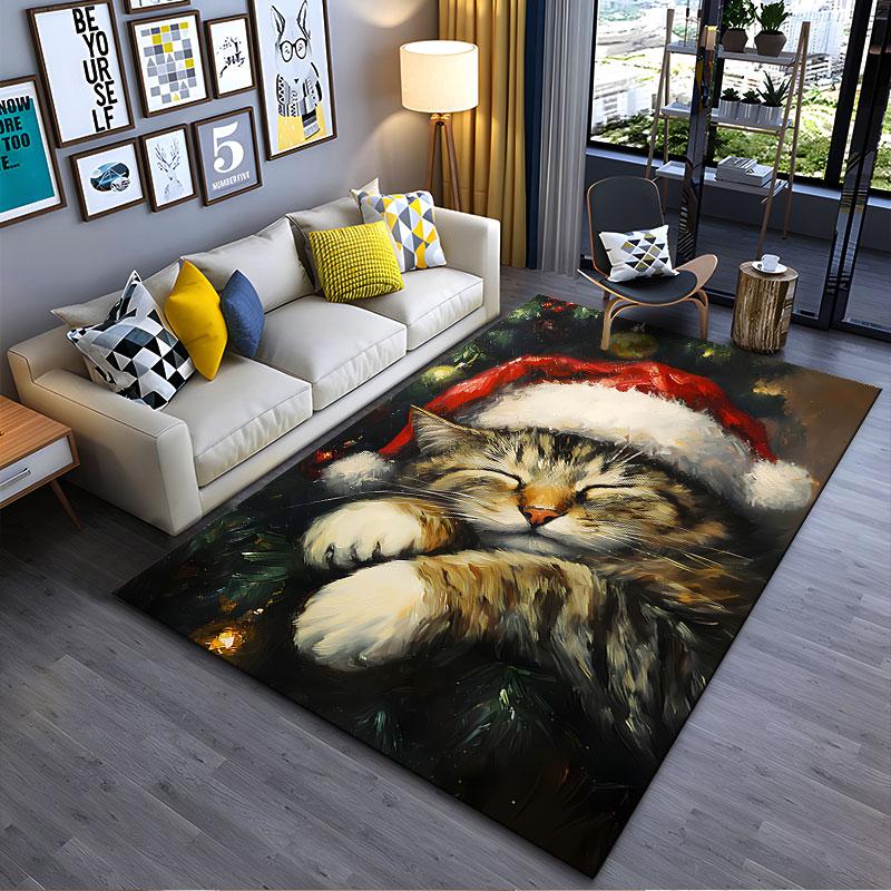 Christmas Cat in Santa Hat suitable as a non-slip mat for the living room or bedroom sofa