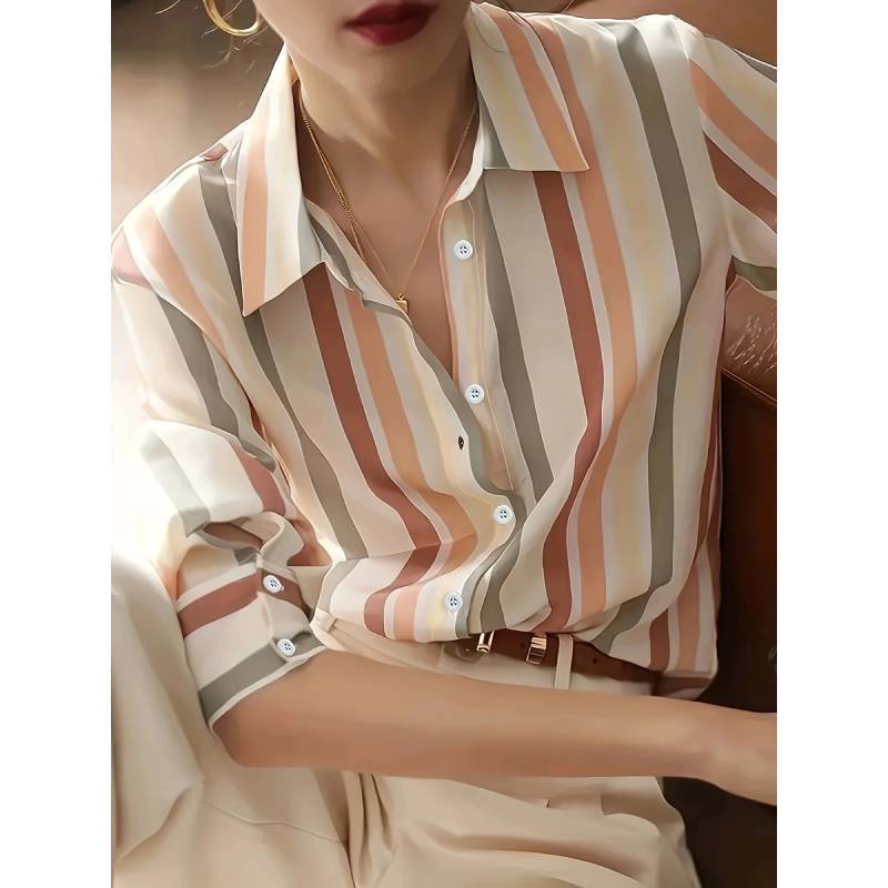 Womens Striped Long Sleeve Shirt With Spliced Fabric For Elegant Office Wear