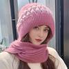 Women Winter Hat with Scarf Thick Warm Plush Windproof Cycling Headwear Contrast Color Elastic Full Protecting Outdoor Travel Cold Weather Skiing Cap