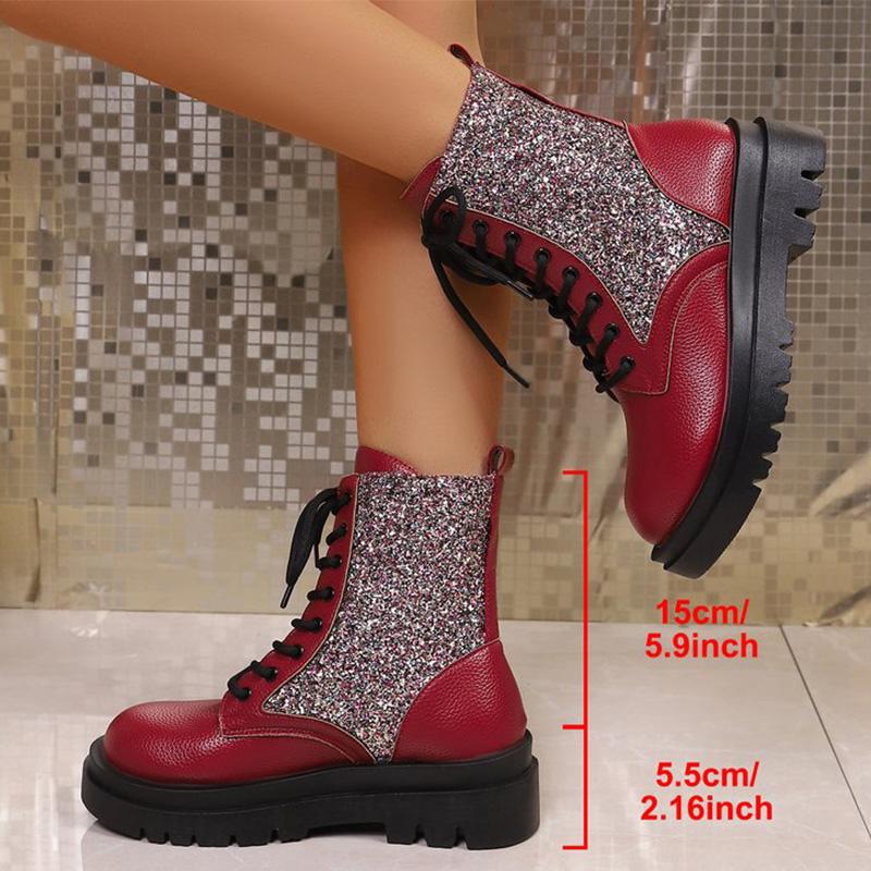 Модные Ретро Красные Блестящие Ботинки для Женщин На Шнуровке Большого Размера Ботильоны Женские Весенне-Осенние С Круглым Носком На Толстой Подошве Botas Mujer