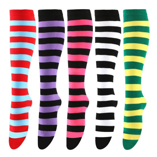 Women Striped Knee-high Socks Colorful Stretchy Knee-length Socks Ribbed Leg Warmers for Costume Party Street Daily Wear