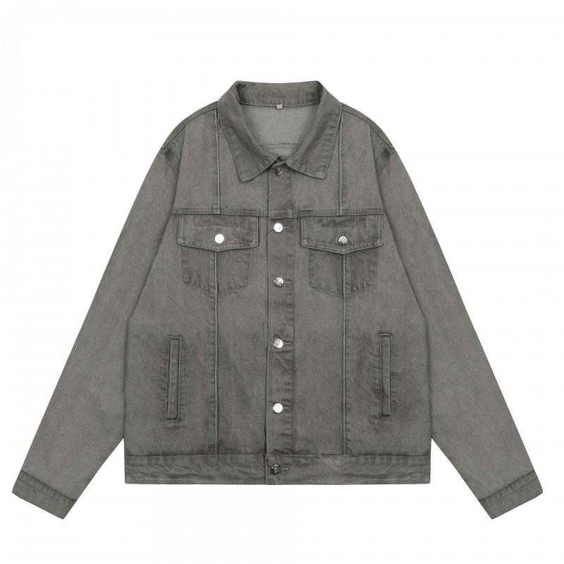 Mens Oversized Cotton Denim Jacket With Stand Collar Embroidered Detail - Streetwear Hoodie-Style Outerwear Winter