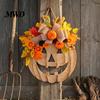 Thanksgiving Wreath for Home Decor Wooden Pumpkin Halloween Door Sign with LED Lights, Artificial Floral Hanging Autumn Flowers Wall Ornament