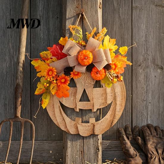 Thanksgiving Wreath for Home Decor Wooden Pumpkin Halloween Door Sign with LED Lights, Artificial Floral Hanging Autumn Flowers Wall Ornament