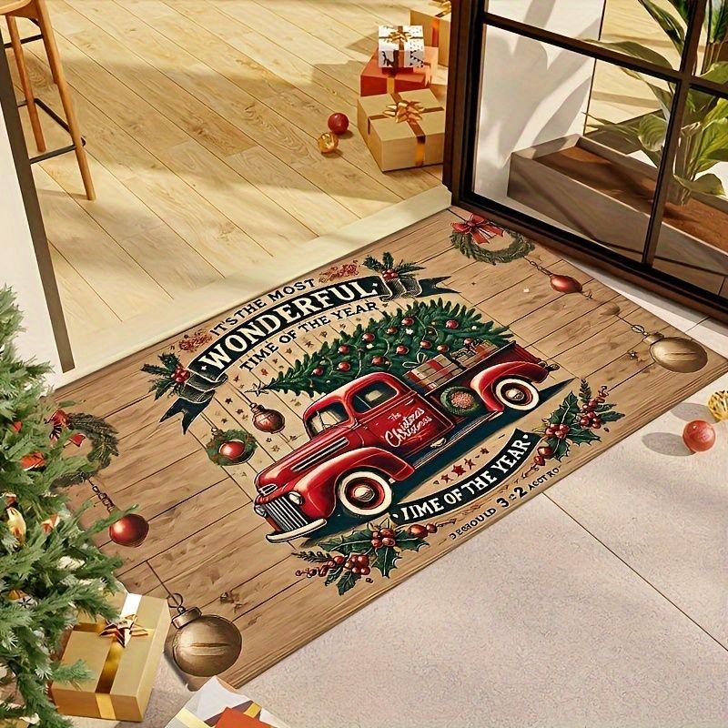 Vintage Red Truck Welcome Mat Indoor Outdoor Entrance Doormat Kitchen Bedroom Bathroom Entryway Rug Christmas Home Decor