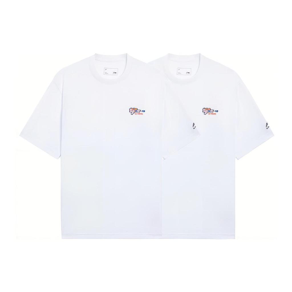 Li-Ning Вышитый узор, однотонная круглая горловина, повседневная футболка, мужские топы, белый цвет AHSS323-1