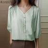 Women Casual V-Neck Loose 3/4 Sleeve Stripe Blouse