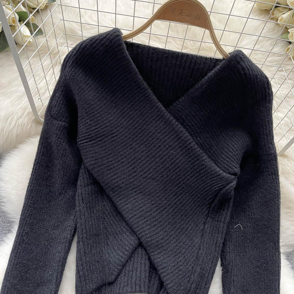 Осенне-зимний корейский свободный тонкий вязаный свитер с v-образным вырезом и нерегулярным ленивым ветром