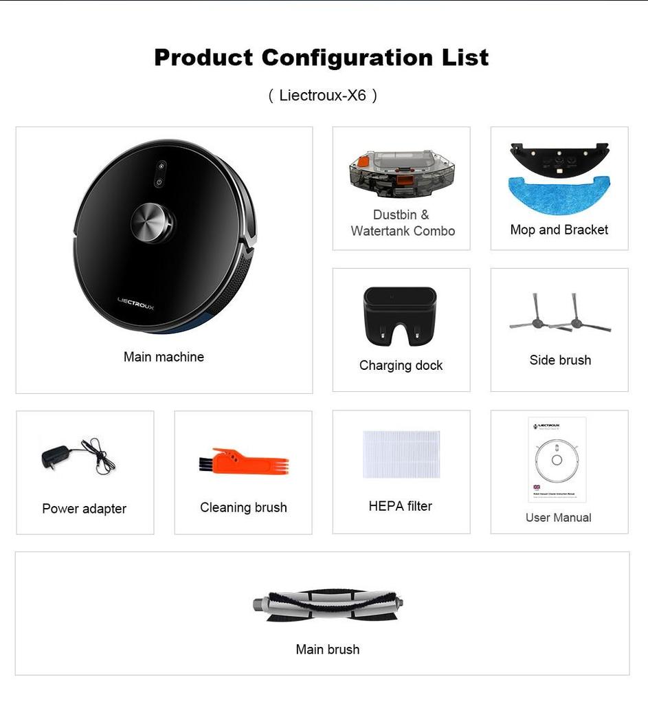 Liectroux X6 Robot Vacuum Cleaner, 6500Pa Suction, LDS Laser Navigation, 235ml Water Tank, 400ml Dustbin, 5 Maps Saved
