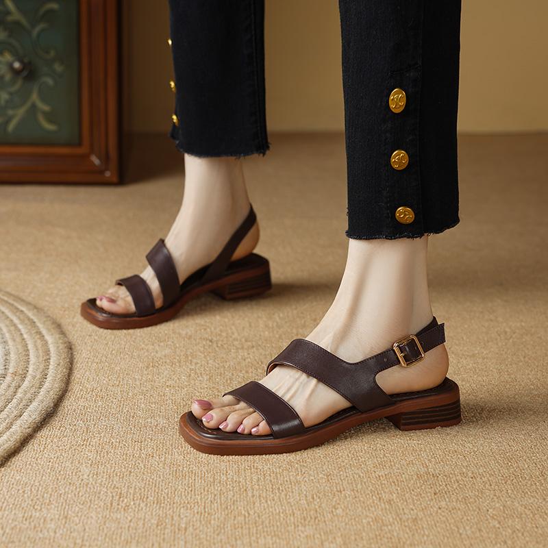 2024 Новые женские сандалии в стиле ретро-гладиаторы, повседневные туфли-лодочки из натуральной кожи на низком каблуке, офисная женская обувь, женская летняя мода, лаконичная