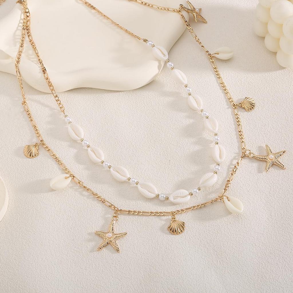 2Pcs 14K Gold Plated Waist Chain for Women, Layered Belly Chains Belt Adjustable, Bohemian Starfish Shell Beaded Bikini Body Chain for Beach, Summer