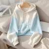 Chic Blue Gradient Knit Hooded Sweater, Korean Style Lazy High-end Women's Top for Spring Autumn