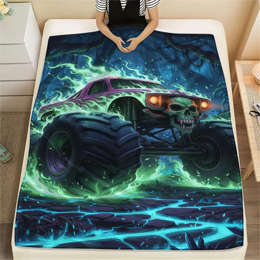 1Pc BadBeastTruck Print Flannel Blanket, High quality Comfortable for All Seasons, Home Decor, Warmth and Comfort, Perfect for Christmas Gifts