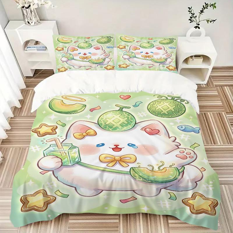 Cute Cat Melon Party Print 3Pcs Bedding Setduvet Cover With 2 Bedropillowcase Home Birthday Gift