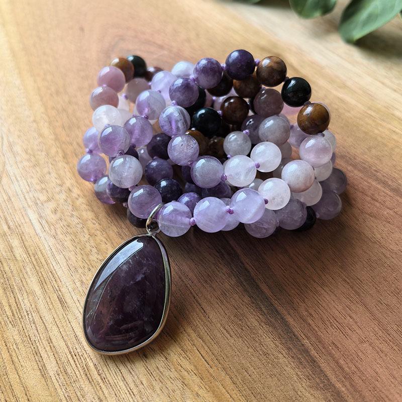 Natural Rose Quartz,Lepidolite,Amethyst Mala Necklace,108 Hand Knotted Meditation Japa Mala,Healing Crystals,Yoga Prayer Gift