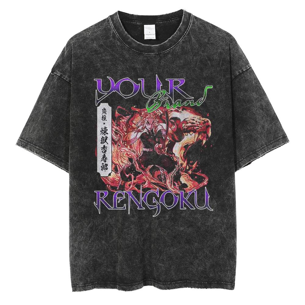 Hot Anime Demon Slayer Kokushibo Graphic Print Washed T Shirt Men Vintage Cotton Tshirts Manga Casual Tee Harajuku Male T-shirt