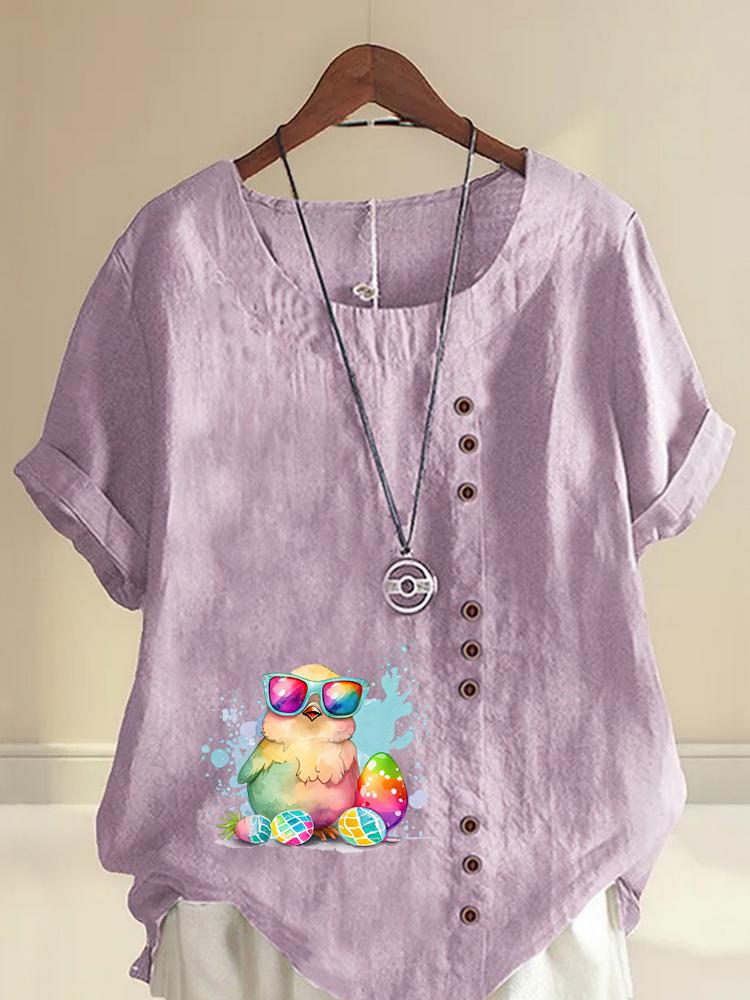 Women's Fashion Cute Chick Print Round Neck Short Sleeve T-shirt Casual Cotton Linen Graphic Shirt Leisure Loose Summer Blouse Tops