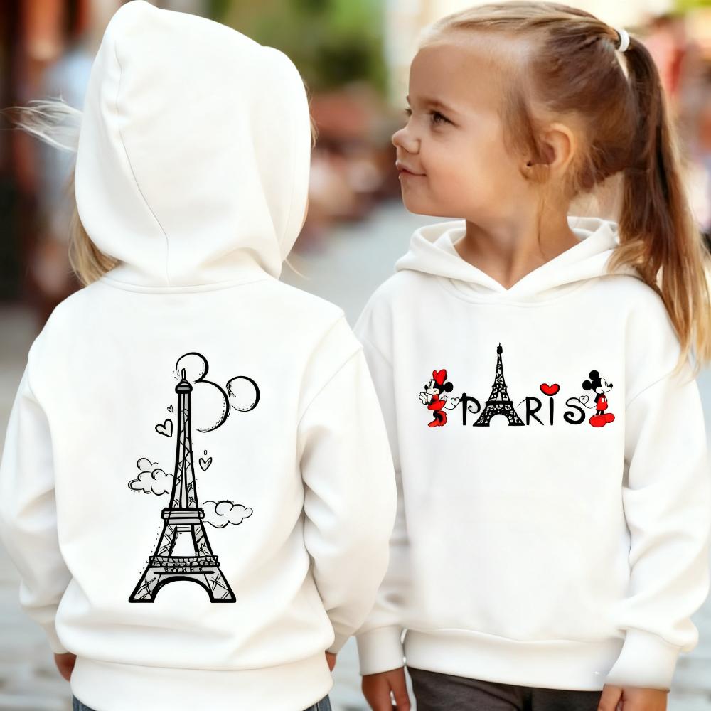 Kids Pullover Hoodie Cute Paris Eiffel Tower With Cartoon Mouse Graphic Sweatshirt Long Sleeve Casual Sport Top Autumn Winter Home And Outdoor Outfit