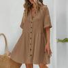Женское платье-рубашка с коротким рукавом, V-образным вырезом, застегивающимся на пуговицы, летнее повседневное струящееся пляжное платье-сарафан