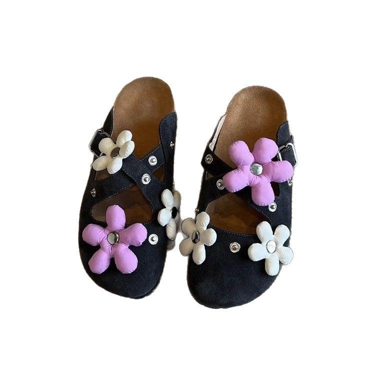 Sheepskin Version~ Niche Design Removable Flower Buckle Birkenmuller Shoes Women's Retro Rivets Thick-soled Bag Head Slippers