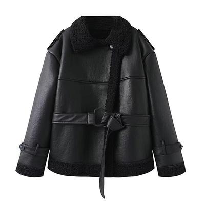 Женское пальто из овчины с квадратным вырезом 2024 - Теплая верхняя одежда в европейско-американском стиле на завязках