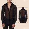 Black Transparent Shirt for Men Mesh See-Through Shirt Thin Long Sleeves V-Neck Lapel Shirt Fashion Single-Breasted Shirt Sexy Clubwear