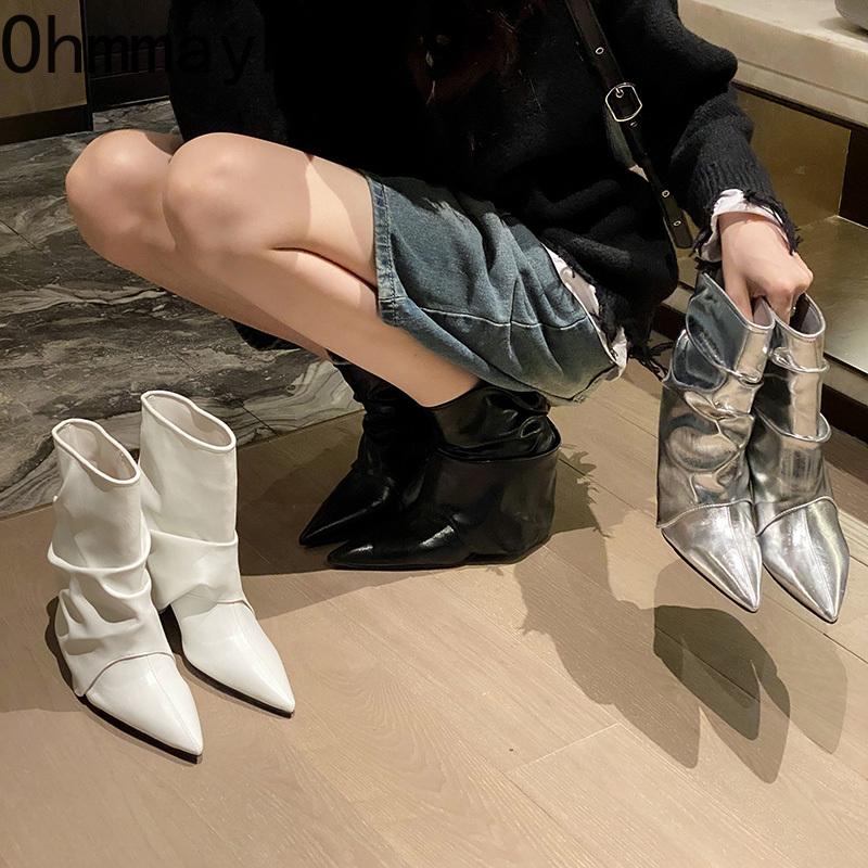 Designer Street Style Women Silvery Ankle Boots Fashion Pointed Toe Short Booties Ladies Elegant Thick Heel Shoes