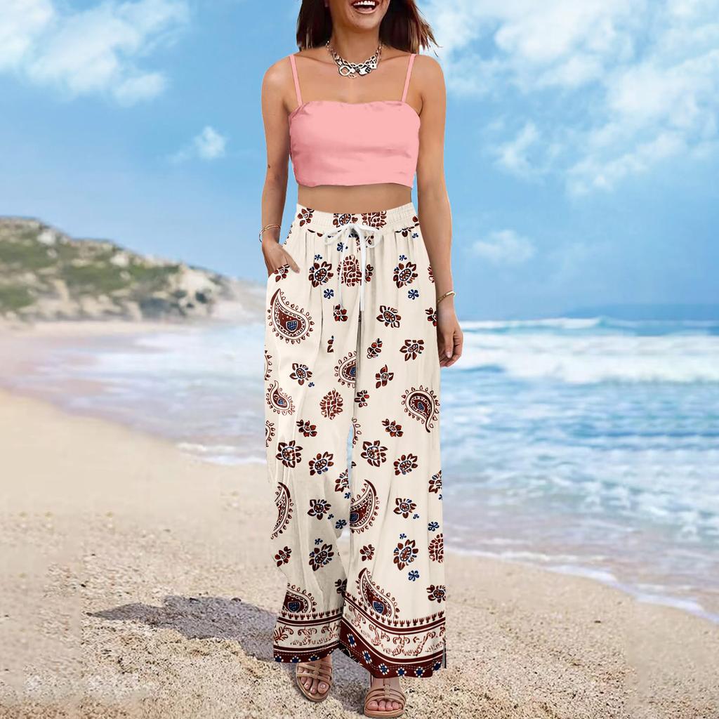 Женские летние брюки-палаццо в стиле бохо с высокой талией, широкие повседневные брюки с цветочным принтом и карманами