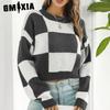 Women's Fashion Casual Plaid Print Autumn Winter Long Sleeve O-Neck Loose Sweaters