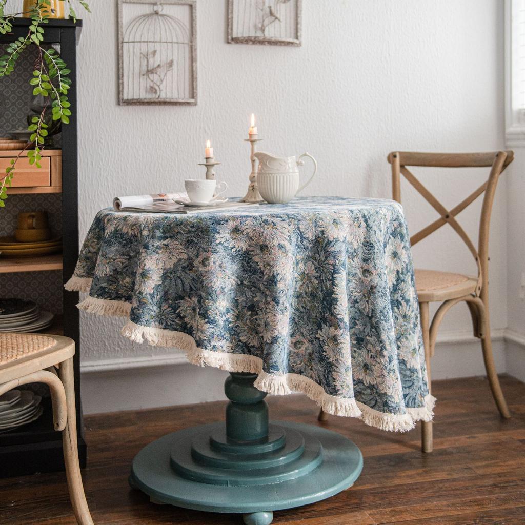 Floral Round Tablecloth with Tassels Diameter – Light Blue Polyester Jacquard Design, Decorative Lace and Fringe Detail for Dining
