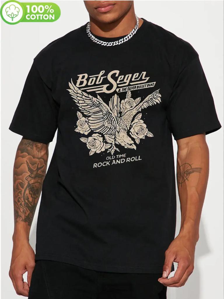 Bob Seger Vintage Rock Band Graphic T-shirt for Men - Black Short Sleeve Cotton Tee with Eagle & Floral Print