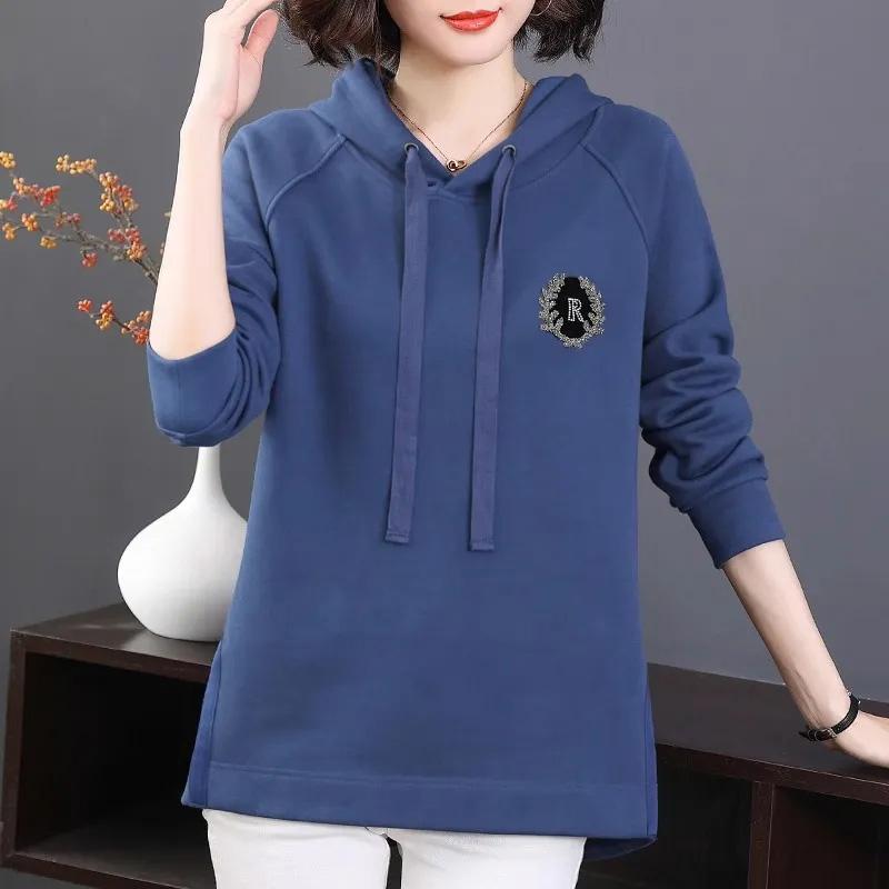 Hooded Sweater Women's Fall and Winter Striped Long-sleeved T-shirt Big Yards Ing Solid Color Shirt Casual Pullover Tops