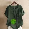 Women's Fashion Round Neck Short Sleeve T-shirt Casual Cotton Linen Graphic Shirt Leisure Green Leaf Prined Summer Blouse Tops