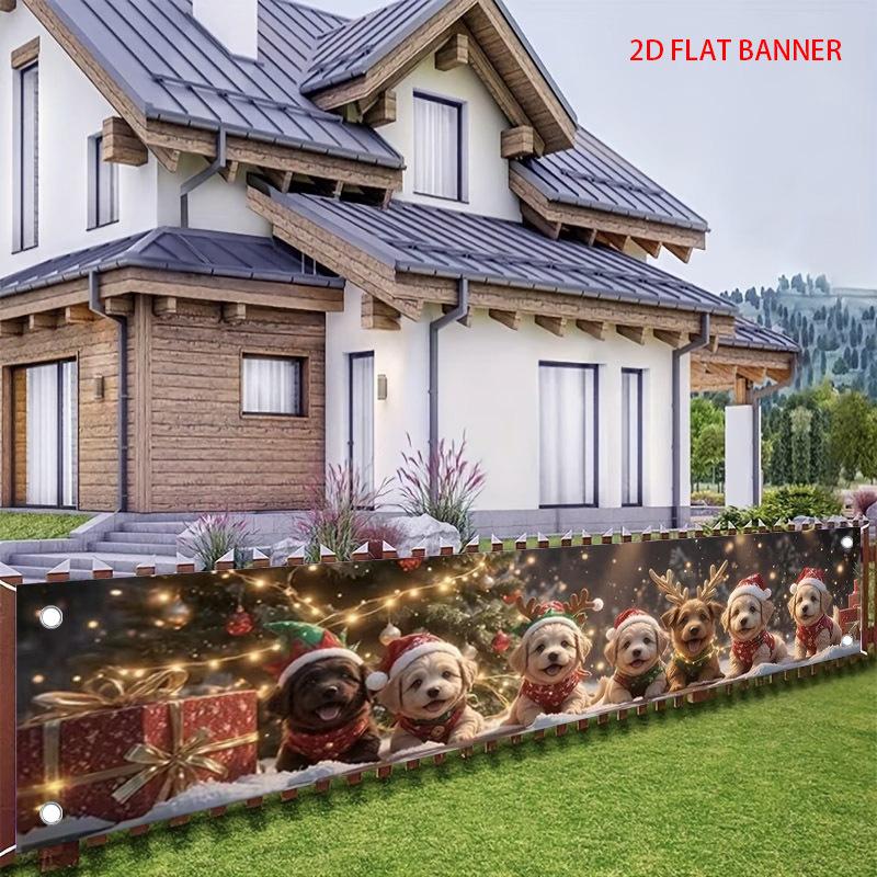 Christmas Pet Fence Banner, Dog with Reindeer Hat & Gift Tree Design, Polyester Outdoor Winter Holiday Decoration