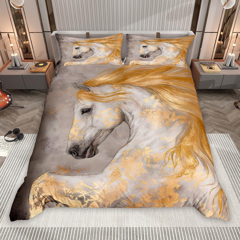 Homewish Galloping Horse Duvet Cover Set 2pcs/3pcs, Farmhouse Animal Bedding Set, Rustic Lodge Cabin Comforter Cover Set