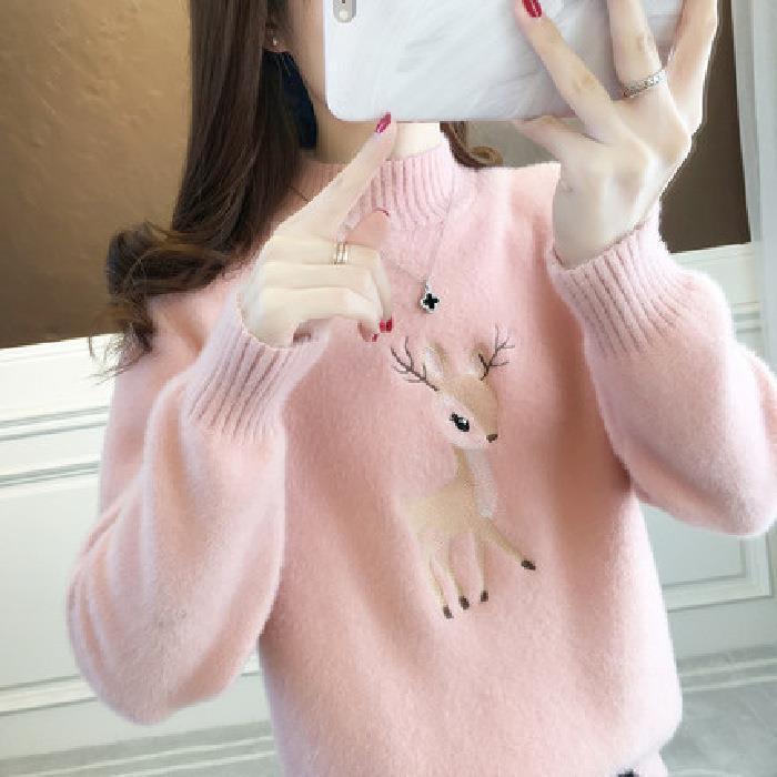 Свитер с высоким воротником и рисунком оленей, милый осенне-зимний свитер с длинным рукавом, женская одежда